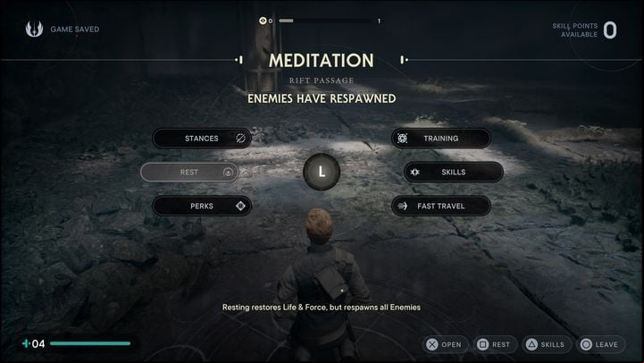 While using a meditation point, players can access the skill tab where they can level up - and thus gain access to new upgrades - Star Wars Jedi Survivor: Can you reset skill points? - Cal and BD-1 - Star Wars Jedi Survivor guide