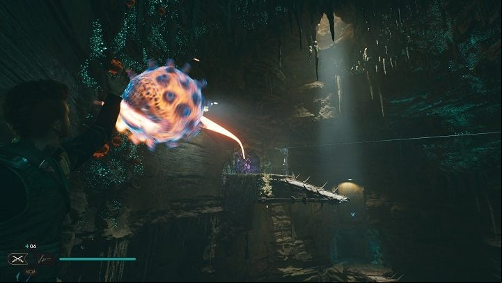 Turn towards the walls you just used and grab one of the bombs growing on it - Jedi Survivor: PhonQi Caverns - list of secrets (part 1) - Koboh - Star Wars Jedi Survivor guide