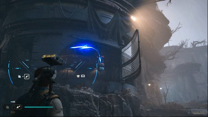 Standing on the lower level, use the BD-1 Electro Dart to overload the object and move the wall on the right, which you will use to get to the other side - start running when the wall is going back to the starting position - Star Wars Jedi Survivor: Confront Dagan at the Koboh Observatory - Walkthorugh - Star Wars Jedi Survivor guide