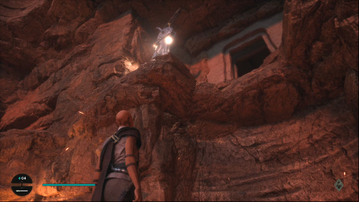 Ask Merrin to throw down the rope and climb up, then climb down the wall to the hangar - Star Wars Jedi Survivor: Bring Com to Cordova on Jedha - Walkthorugh - Star Wars Jedi Survivor guide